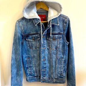 ⭐️New With Out Tag Guess Blue Denim Jacket with Gray Hood⭐️